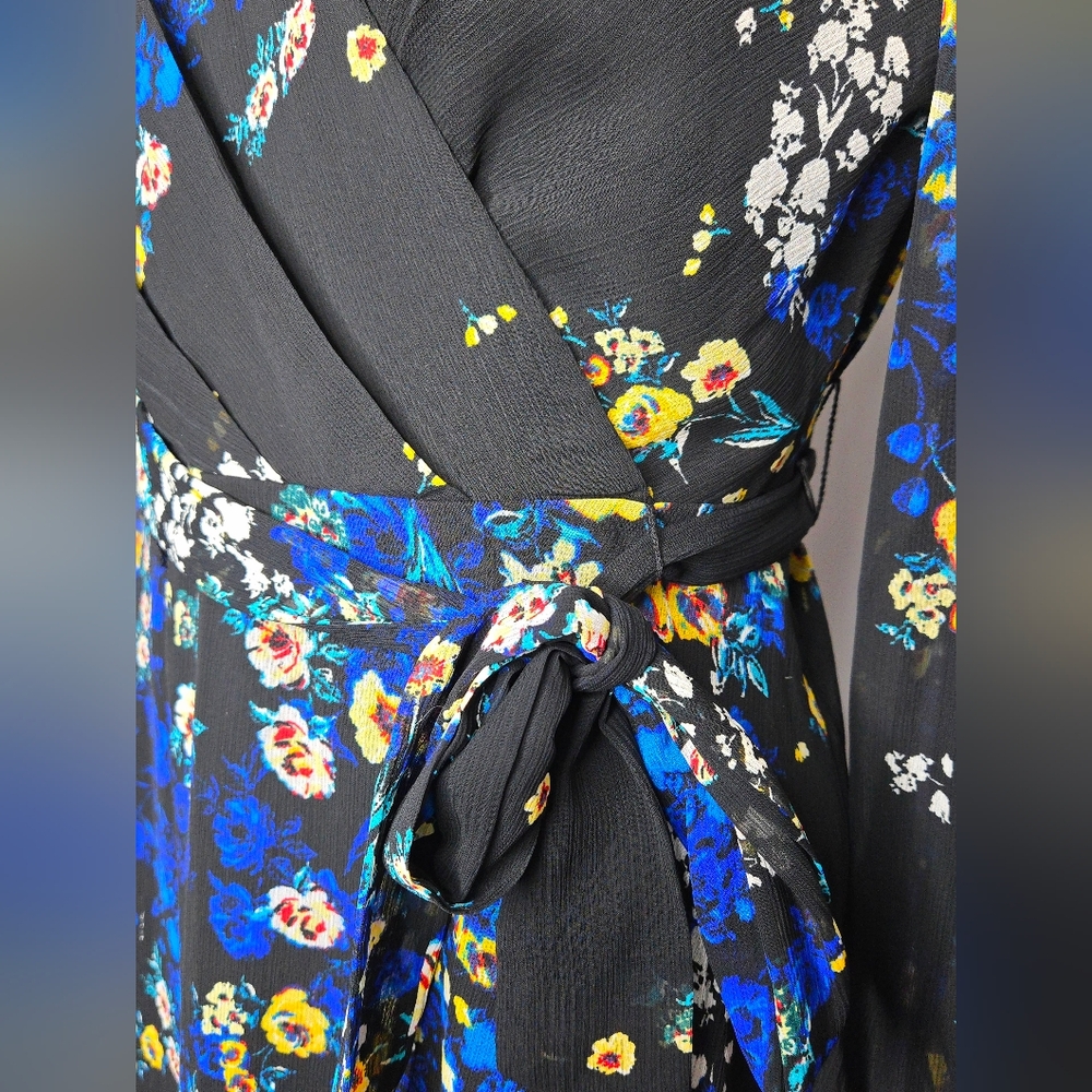 Dkny Black Floral Wrap Dress with Blue & Yellow Accents - Picture 8 of 14